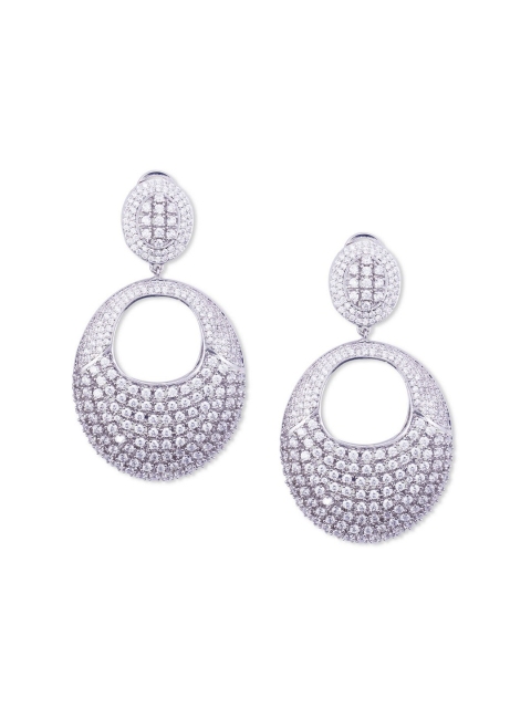 

shaze Silver-Toned & Rhodium-Plated Studded Oval Drop Earrings