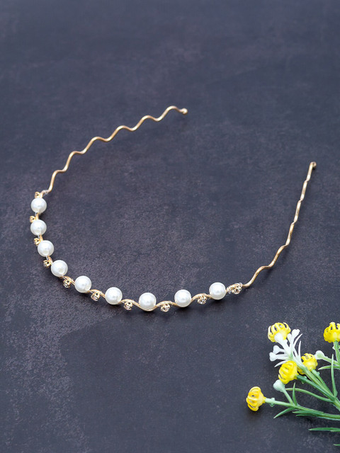 

Golden Peacock Women White Pearl Beaded Hairband