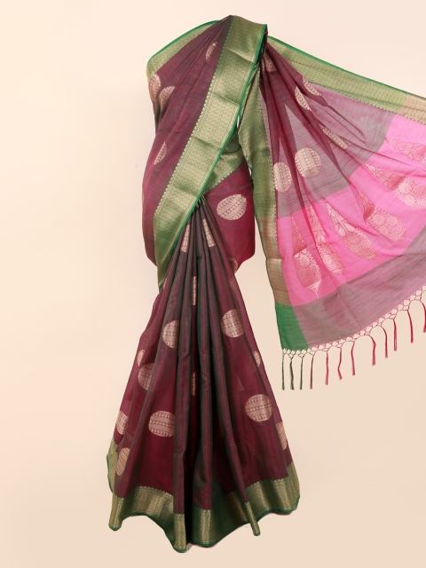 

Pothys Maroon & Green Cotton Blend Woven Design Saree