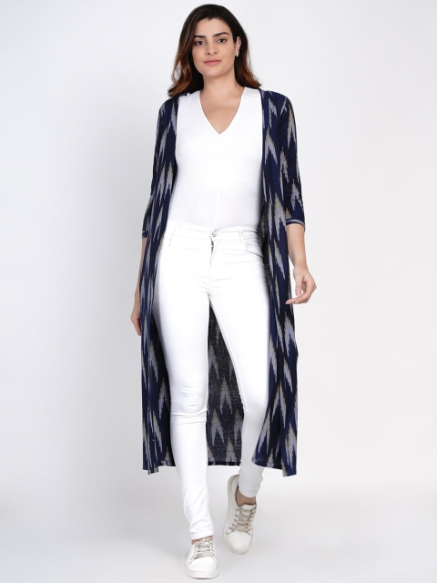 

FABNEST Women Navy Blue & White Printed Open Front Shrug