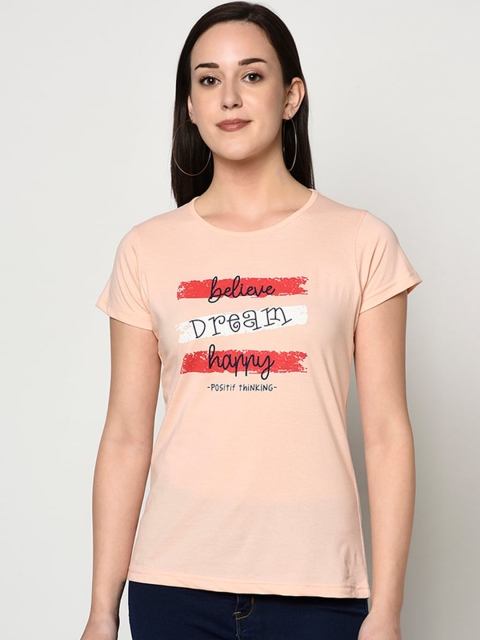 

FABNEST Women Nude-Coloured Loose Printed Round Neck T-shirt