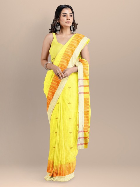 

BharatSthali Yellow & Orange Pure Cotton Solid Maheshwari Handloom Saree