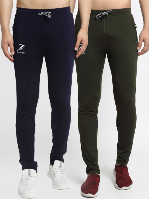 

GRACIT Men Pack of 2 Navy Blue & Olive Green Solid Track Pants