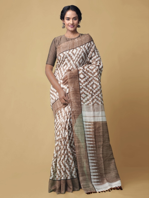 

Unnati Silks Cream-Coloured & Brown Linen Blend Printed Jamdani Handloom Saree