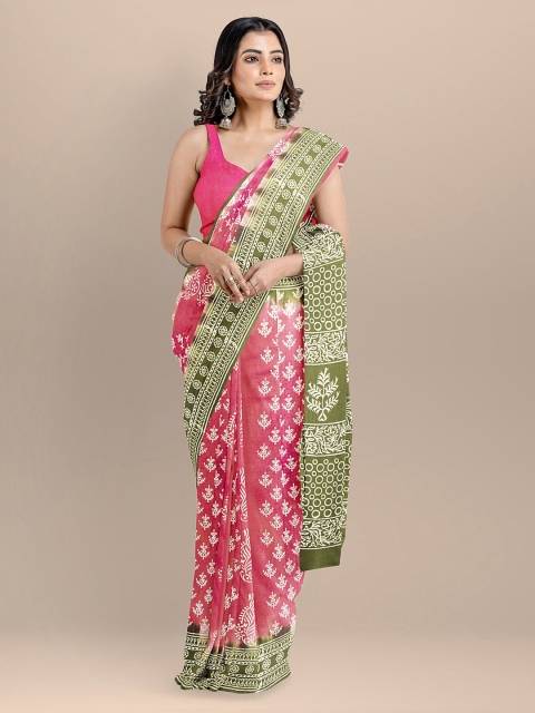 

BharatSthali Pink & White Pure Cotton Woven Design Block Print Handloom Saree