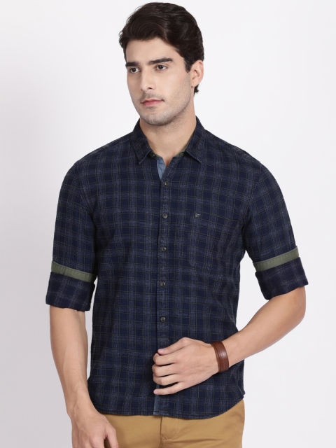 

t-base Men Navy Blue Slim Fit Checked Cotton Casual Shirt