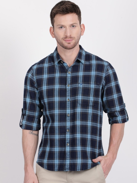 

t-base Men Navy Blue Slim Fit Checked Cotton Casual Shirt