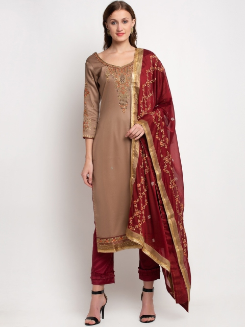 

Stylee LIFESTYLE Beige & Maroon Silk Blend Unstitched Dress Material