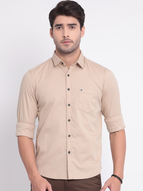 

t-base Men Beige Slim Fit Solid Cotton Casual Shirt