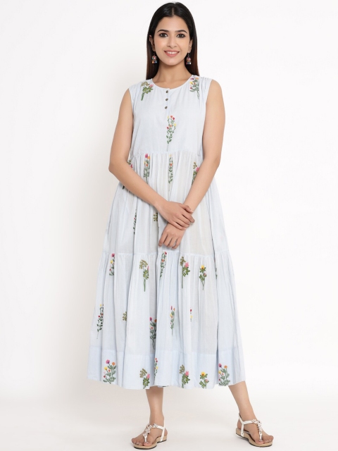 

VRISA Women Blue Floral Embroidered Fit and Flare Dress