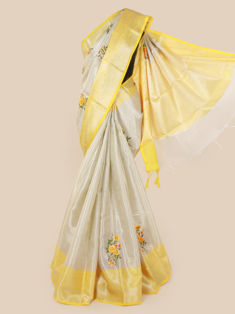 

Pothys Silver-Toned & Yellow Art Silk Tanchoi Kora Woven Design Saree