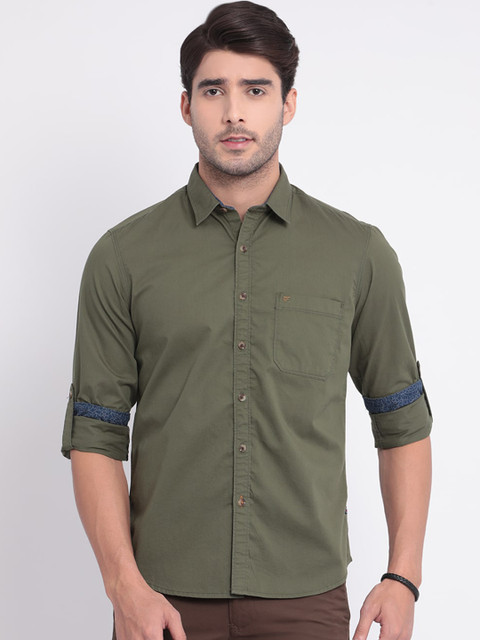 

t-base Men Olive Green Slim Fit Solid Cotton Casual Shirt