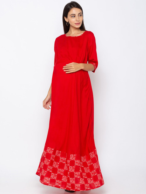 

MomToBe Women Red Solid Maternity Maxi Dress