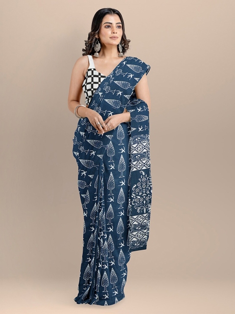 

BharatSthali Navy Blue & White Pure Cotton Printed Block Print Handloom Saree