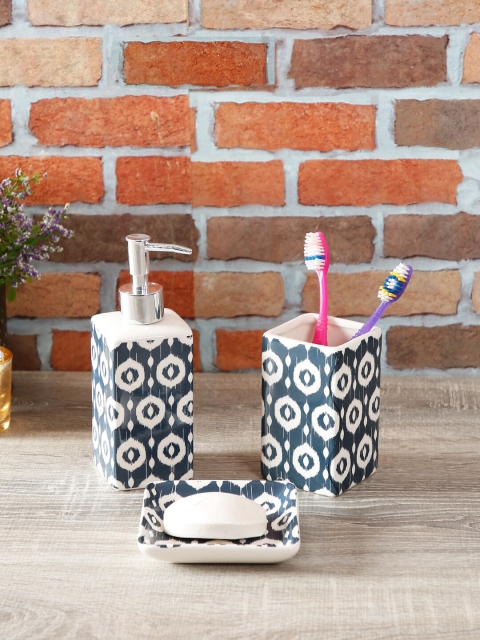 

House Of Accessories Set Of 3 Blue & White Printed Ceramic Bathroom Accessories