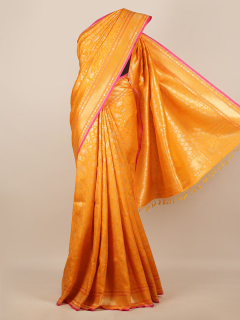 

Pothys Yellow Pure Silk Woven Design Banarasi Saree With Tasseled Pallu