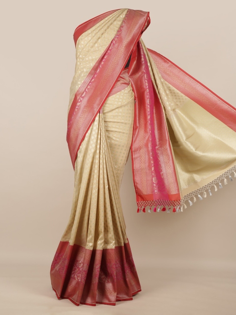 

Pothys Cream & Gold-Toned Pure Silk Woven Design Banarasi Saree With Tasseled Pallu