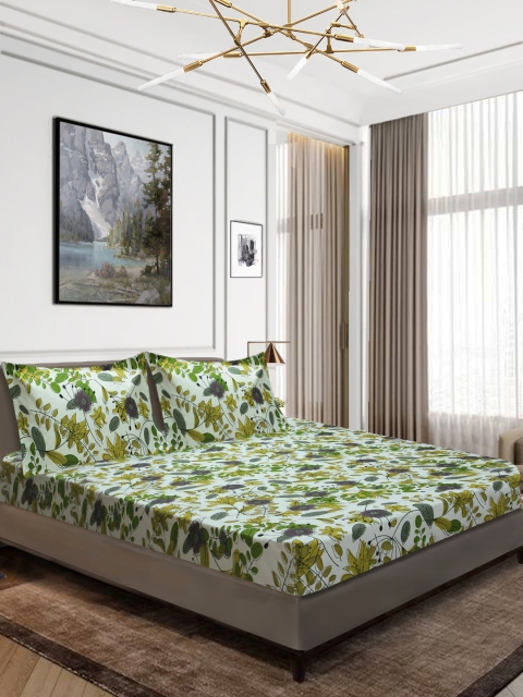 

Aura Green & White Floral 160 TC Polyester 1 Queen Bedsheet with 2 Pillow Covers
