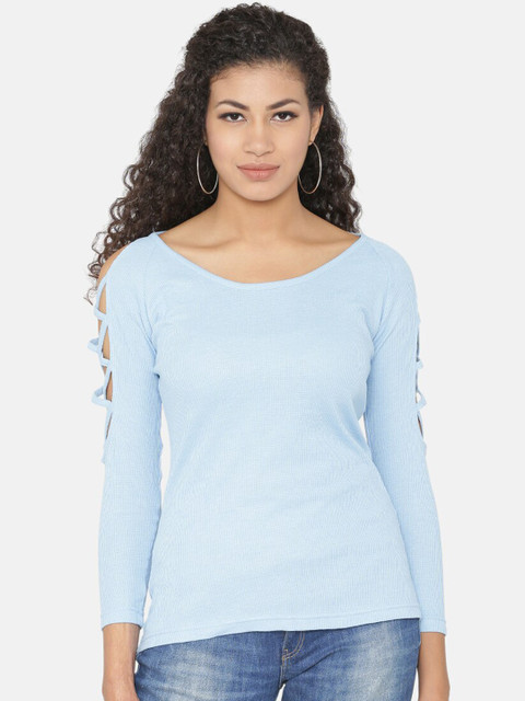 

Yaadleen Blue Cold-shoulder Sleeves Pure Cotton Regular Top