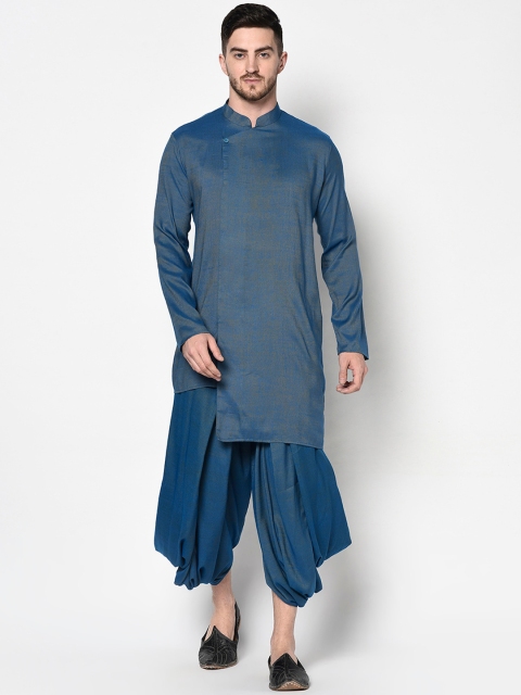 

LAMAAYA Men Navy Blue Angrakha Kurta with Dhoti Pants