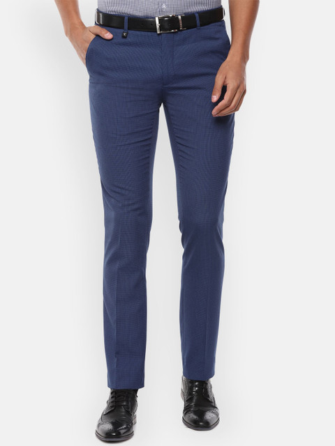

V Dot Men Navy Blue Regular Fit Checked Formal Trousers
