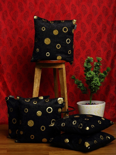 

HOSTA HOMES Black & Gold-Toned Set of 5 Geometric Square Cushion Covers