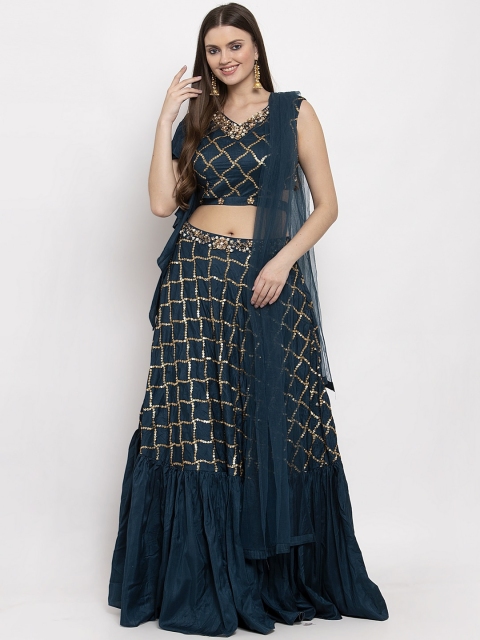 

KHALOM Teal & Gold-Toned Embellished Ready to Wear Lehenga & Blouse with Dupatta