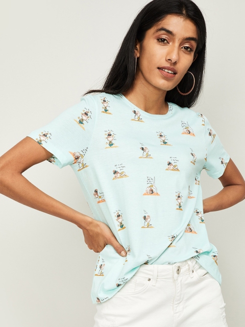 

Ginger by Lifestyle Women Blue Printed Round Neck T-shirt