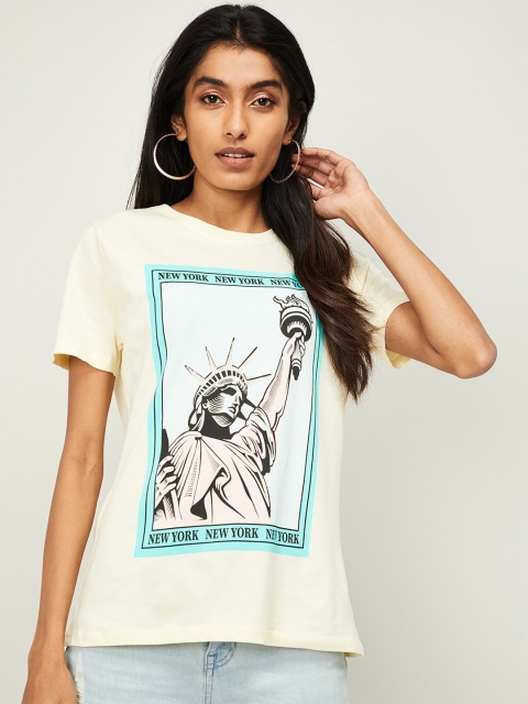 

Ginger by Lifestyle Women Cream-Coloured Printed Boat Neck T-shirt