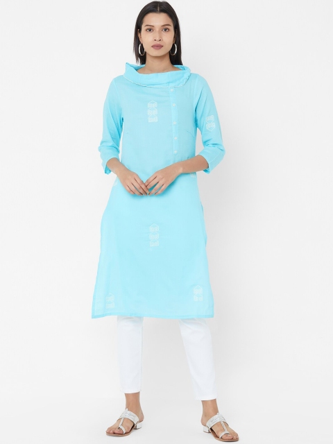

Vedic Women Turquoise Blue Ethnic Motifs Embroidered Cowl Neck Kurta