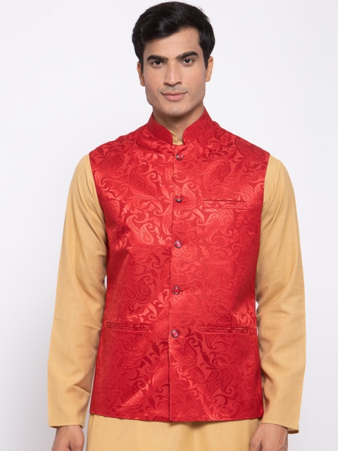 

Badoliya & Sons Men Red Woven-Design Nehru Jacket