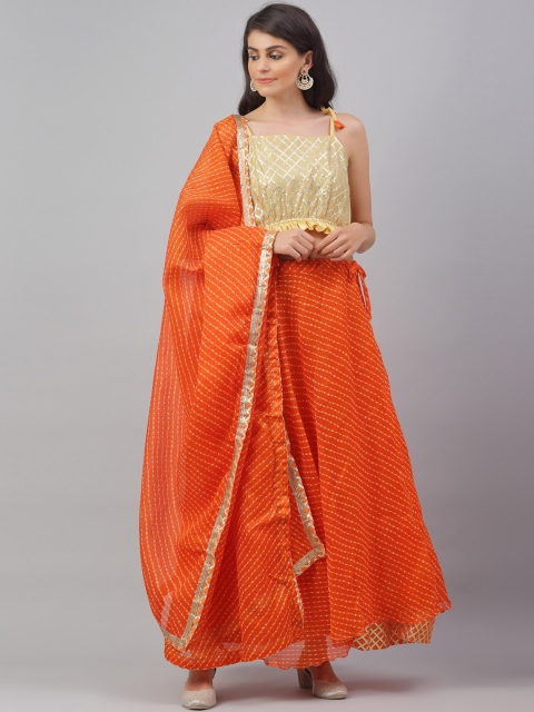 

ANAISA Orange & Gold-Toned Embellished Ready to Wear Lehenga & Blouse with Dupatta