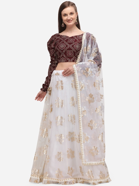 

SHUBHKALA White & Brown Printed Semi-Stitched Lehenga & Unstitched Blouse with Dupatta