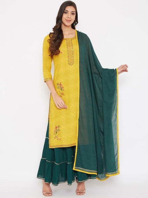 

Prakhya Women Yellow & Green Embroidered Kurta with Sharara & Dupatta
