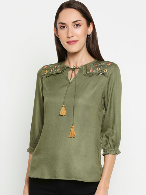 

Kraus Jeans Olive Green Floral Embroidered Tie-Up Neck Bishop Sleeves Regular Top