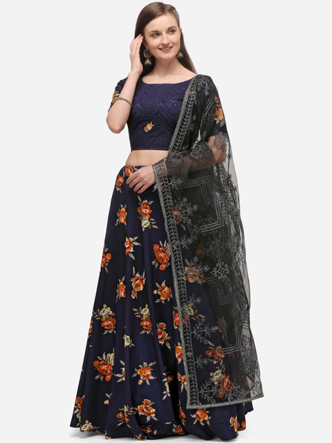 

SHUBHKALA Blue & Orange Printed Semi-Stitched Lehenga & Unstitched Blouse with Dupatta