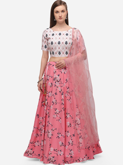 

SHUBHKALA Pink & White Printed Semi-Stitched Lehenga & Unstitched Blouse with Dupatta