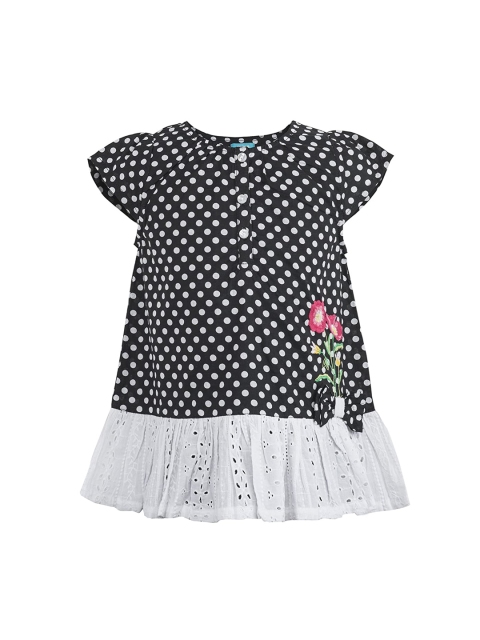 

Miyo Girls Black & White Polka Dots Print Pure Cotton A-line Top