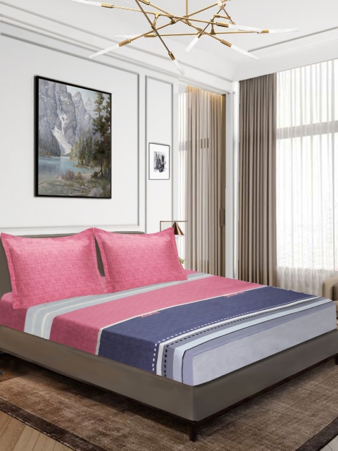 

Aura Pink & Blue Striped 160 TC Polyester 1 Queen Bedsheet with 2 Pillow Covers