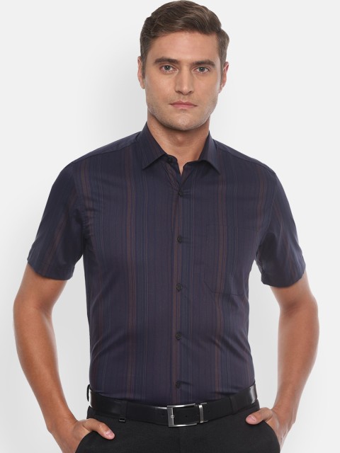 

Louis Philippe Men Navy Blue & Brown Slim Fit Striped Formal Shirt