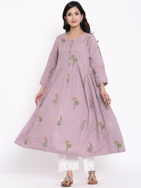

Vrisa Women Violet Floral Embroidered Thread Work Anarkali Kurta