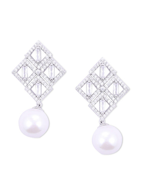 

shaze Silver-Toned & Rhodium-Plated Diamond Shaped Drop Earrings