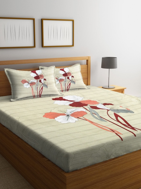 

HOSTA HOMES Beige Floral 260 TC Cotton 1 King Bedsheet with 2 Pillow Covers