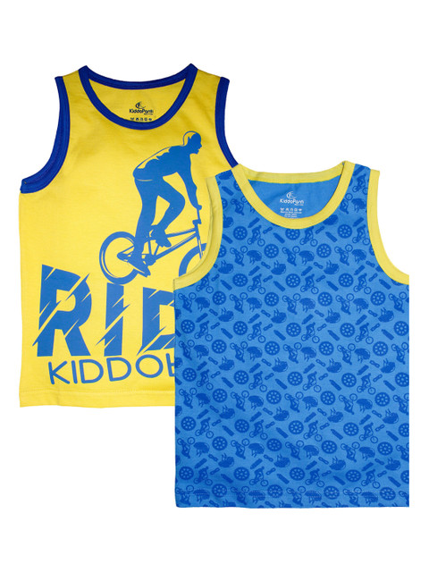 

KiddoPanti Boys Yellow & Blue Set of 2 Printed Round Neck T-shirt