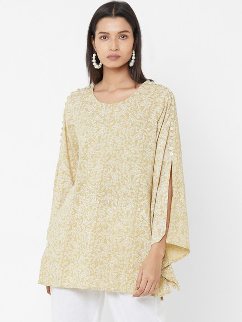 

Vedic Women Cream Printed Pure Cotton Regular Longline Top