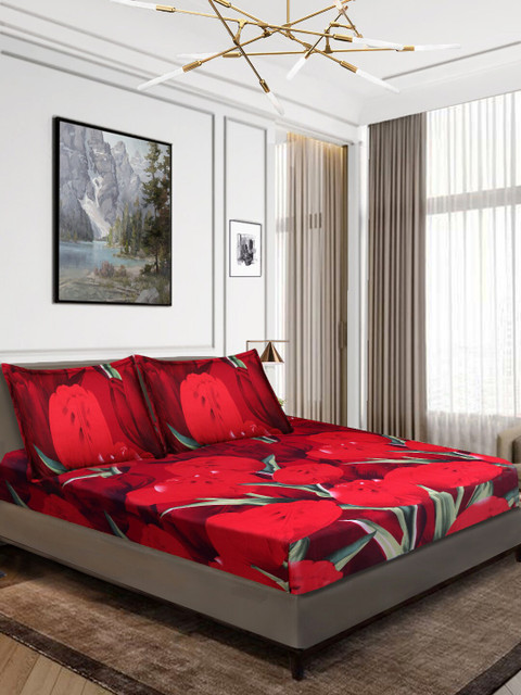 

Aura Red & Green Floral 160 TC Polyester 1 Queen Bedsheet with 2 Pillow Covers