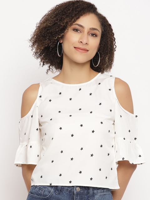 

Stalk White & Black Geometric Printed Cold-shoulder Sleeves Regular Top