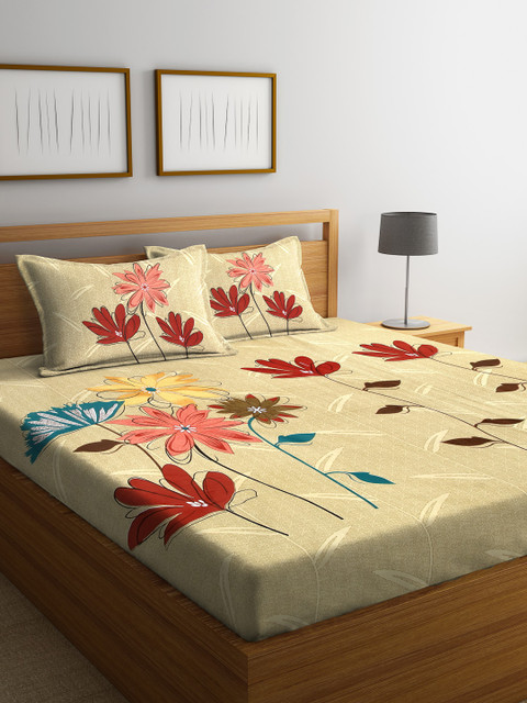 

HOSTA HOMES Beige & Red Floral 260 TC Cotton 1 King Bedsheet with 2 Pillow Covers