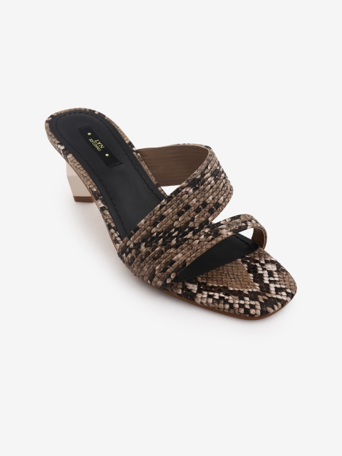 

LYN Women Brown & Black Woven Design Block Heels