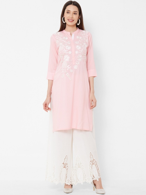 

Vedic Women Pink Floral Embroidered Straight Kurta